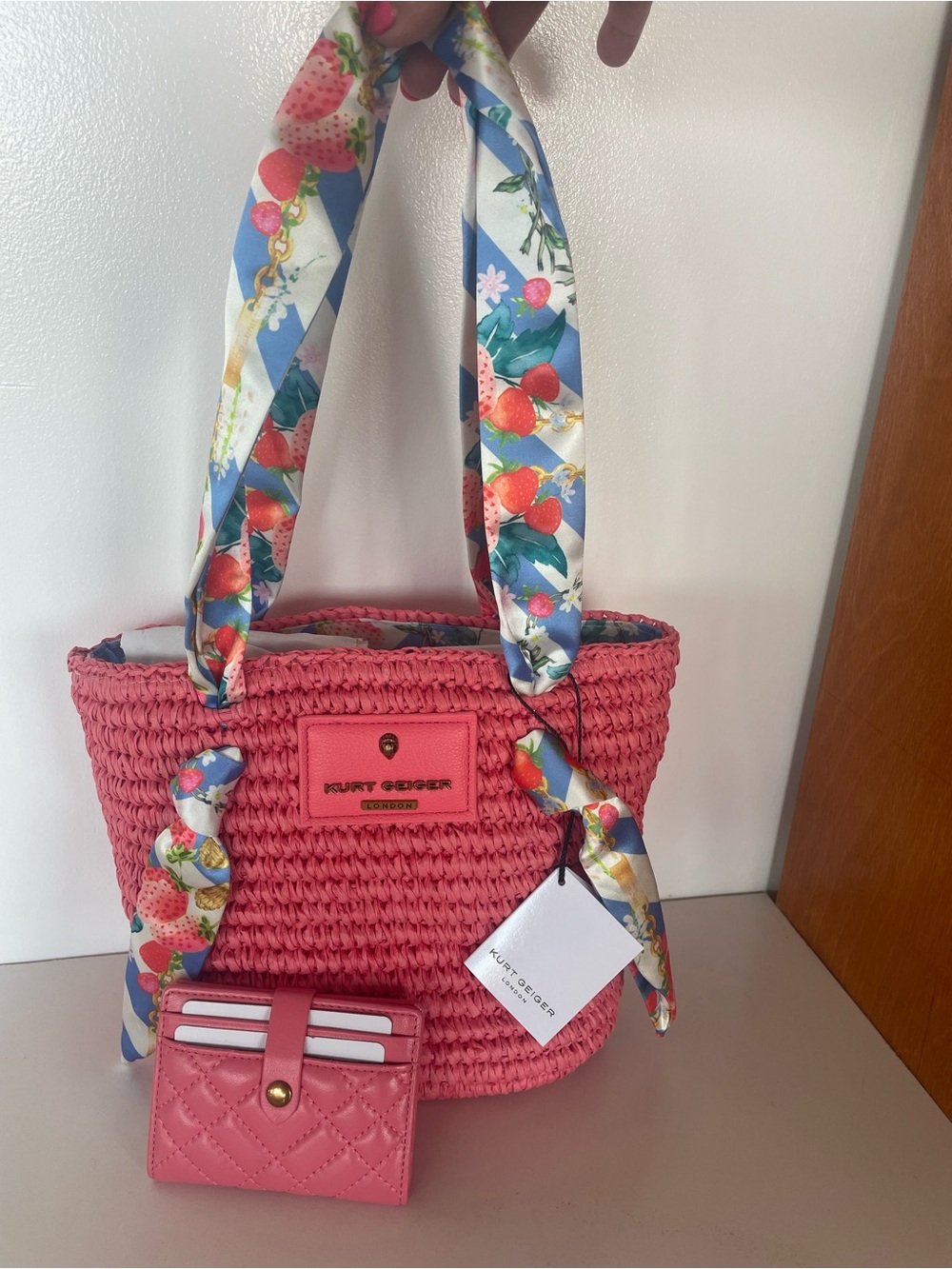 Kurt Geiger Coral Pink Woven Tote with Floral Scarf Handles and quilted wallet